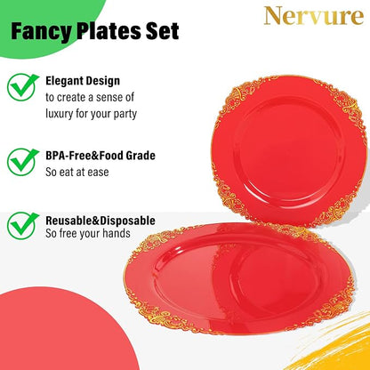Nervure 100Pcs 10.25'' Red Plastic Plates, Heavy Duty Disposable Plates - Image 6