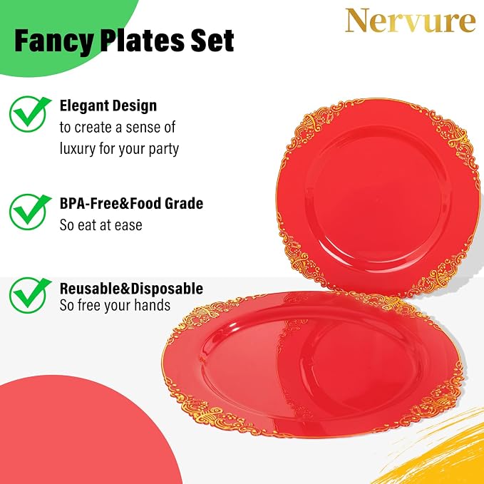 Nervure 100Pcs 7.5'' Red Plastic Plates, Disposable Plates - Image 6