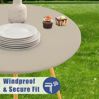 Round Spandex Tablecloth 2 Pack, Elastic Fitted Waterproof Tablecloths for 57"-68" Tables, Stretch Washable Picnic Table Cover for Camping, Dining, Indoor and Outdoor, Taupe