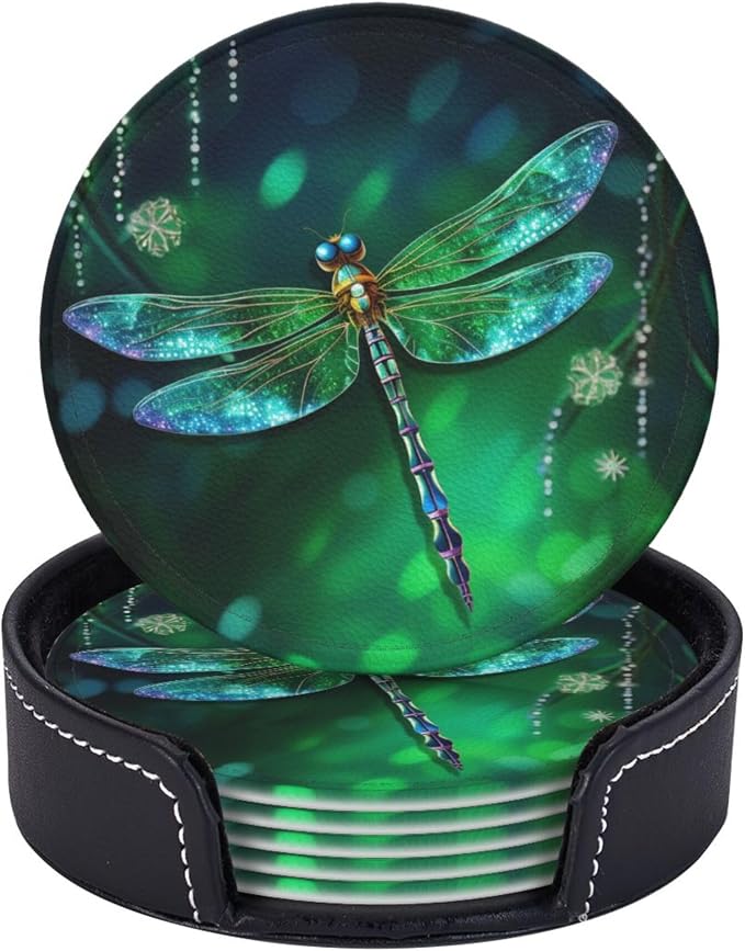 6 Pcs Fantasy Spring Dragonfly Leather Coasters by NiuKom