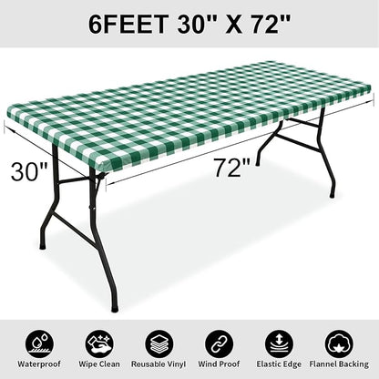 Smiry Rectangle Picnic Table Cloth, Elastic Waterproof Fitted Vinyl Tablecloths, Flannel Backed Buffalo Plaid Table Covers for Dining, Camping, Outdoor (Emerald Green and White, 30" x 72")