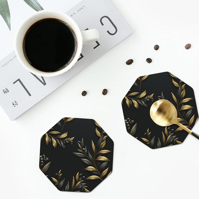 4Pcs Leather Coaster for Drinks Golden Olive Branch Cup Coasters Aesthetic - Image 7