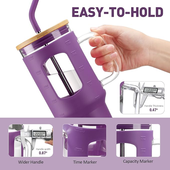 WINSA Glass Tumbler with Straw and Lid, Dark Purple, 40 oz | Iced Coffee Cup - Image 2