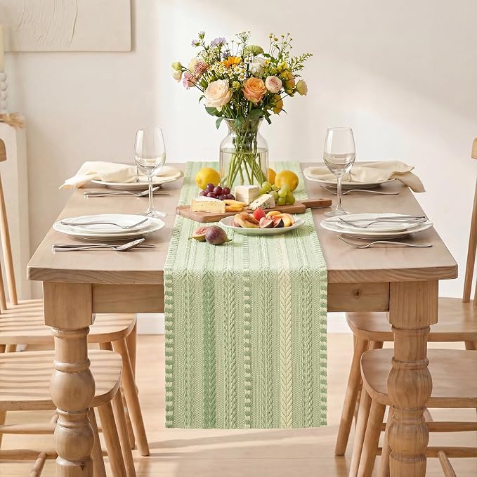 Artoid Mode Sage Green Farmhouse Stripe Braided Table Runner 12x48 Inch | - Image 2