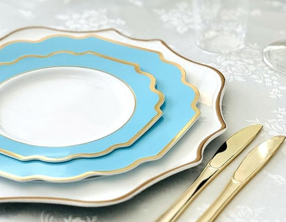 " OCCASIONS " 50 Plates Pack (25 Guests)-Heavyweight Wedding Party Disposable Plastic Plate Set -(25x10.5'' Dinner + 25x8'' Salad/dessert (Imperial Aqua/Gold)