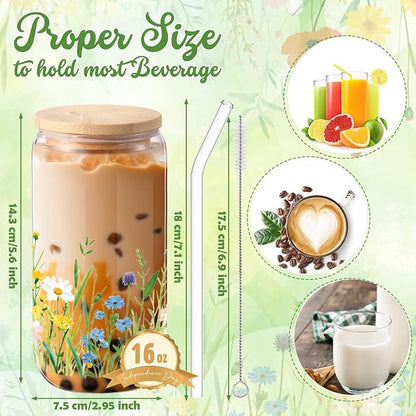 Sliner 2 Pcs Wildflower Glass Cups Floral Drinking Glasses Flower Iced Coffee - Image 4