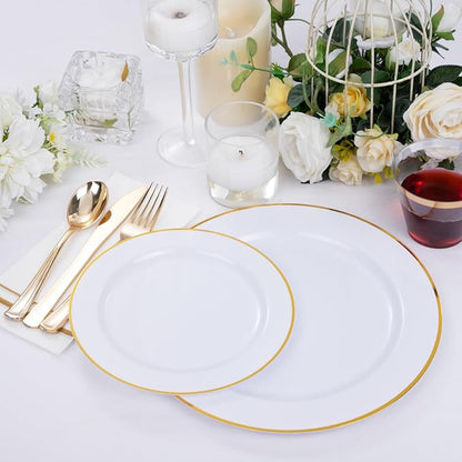 SUT 175 PCS Plastic Plates, 175 Pieces Disposable Heavy Duty for 25 Guests, White Gold Geometric Pattern Dinner Plates with Napkins and Cups, BPA Free