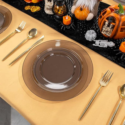I00000 200 Pcs Clear Black Plastic Plates, Black Disposable Party Halloween Plates Include 100 Dinner Plate 10’’ and 100 Dessert Plate 7’’ Perfect for Wedding, Party & Halloween