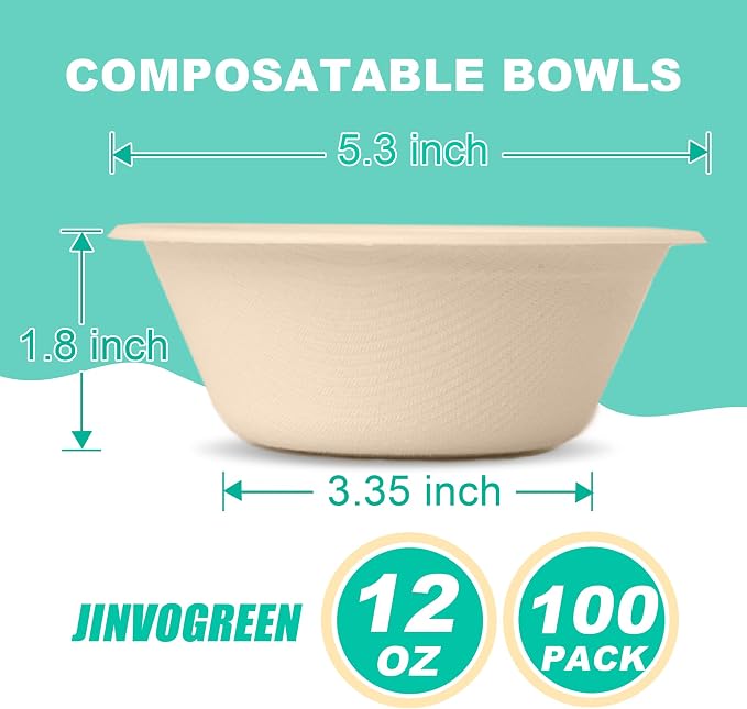 JINVOGREEN 12 oz Paper Bowls, Heavy Duty Biodegradable Bagasse Bowl - Image 2