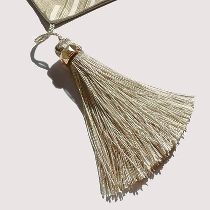 Elegant Modern Beige Table Runner, Embroidered Geometric, Tassels | Luxury - Image 3
