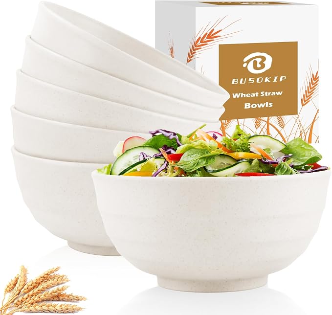 60 OZ Wheat Straw Bowls, Large Popcorn Bowl Sets of 6, Unbreakable Large by BUSOKIP