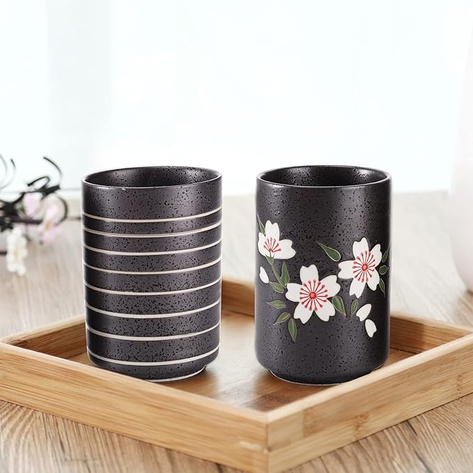 Hedume Set of 2 Japanese Tea Cups, 10oz Ceramic Teacup Mug, Japanese Cherry - Image 3