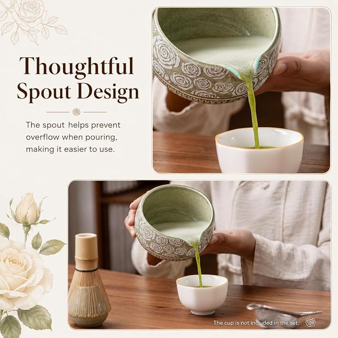 Matcha Whisk Set, 7-Pc Ceramic Matcha Bowl Kit, Bamboo Whisk, （Rose Green） | - Image 7