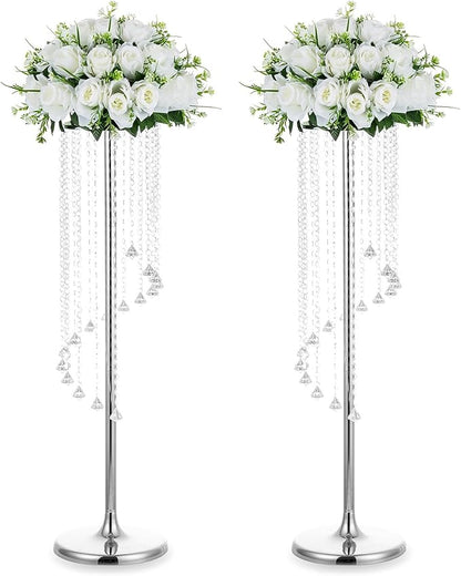Nuptio 2 Pcs 35.4inch Tall Wedding Centerpieces Silver Vases Crystal Flower Vase Metal Flowers Stand for Party Tables Decorations - Elegant Bulk Weddings Decoration Table Chandelier Centerpiece stands