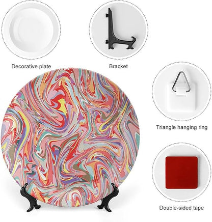 Decorative Plates, Abstract Print Ornament, Mix of Colors Messy Dirty Look Artistic, 7 Inch, 1 Plate with 1 Display Stand, Multicolor