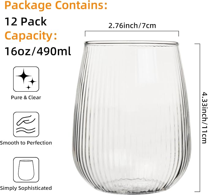 UMEIED 12 Pack Textured Glass Cups, 490ml | Elegant Vertical Ribs, Flat Base - Image 2
