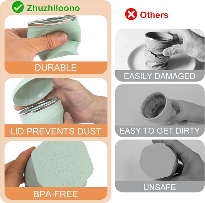 Collapsible Travel Cup with Lid - 6oz Mini Silicone Folding Cup with Stainless - Image 4