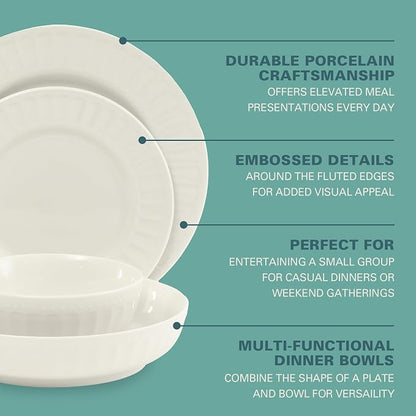 Gibson Home Melbourne White Plates and Bowls Set, 16 Piece Embossed Ceramic - Image 3