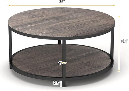 NSdirect Round Coffee Table,36" Coffee Table for Living Room,2-Tier Rustic Wood Desktop with Storage Shelf Modern Design Home Furniture(Light Walnut)