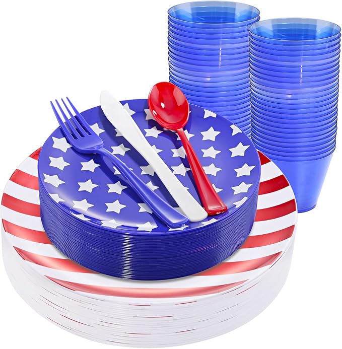 KIRE 150PCS 4th of July Plates & Red White Blue Disposable Plastic Silverware by KIRE