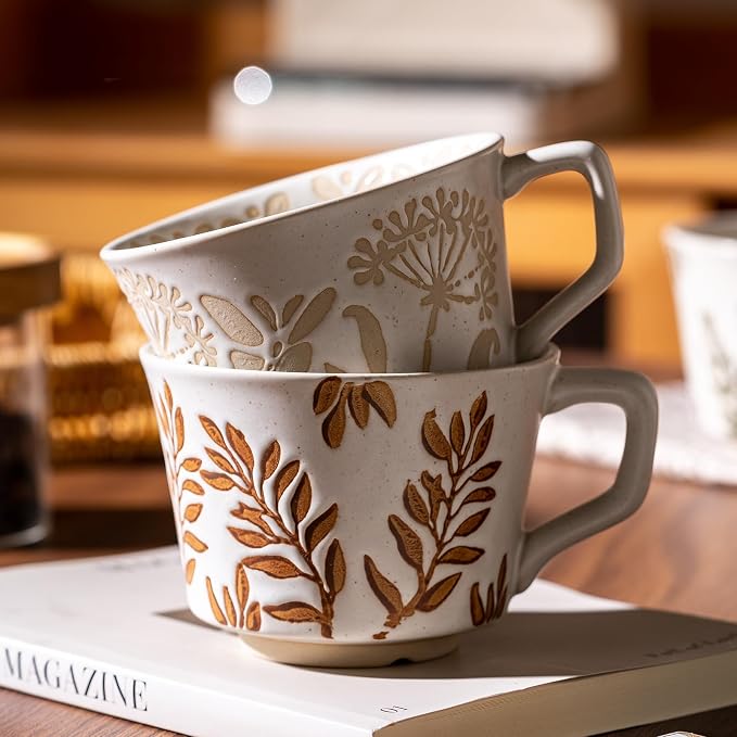 Coffee Mugs Set of 4 with Gold Spoon, 11 oz Ancient Style Hand-painted Ceramic - Image 3