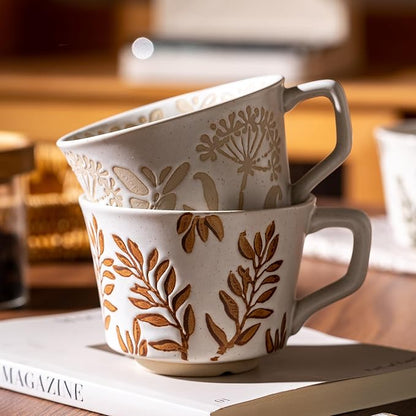 Coffee Mugs Set of 4 with Gold Spoon, 11 oz Ancient Style Hand-painted Ceramic - Image 3