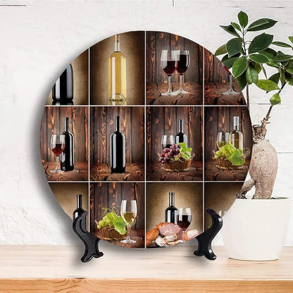 Ceramic Display Plate, Wine Ceramic Hanging Decorative Plate, Wine Themed Collage on Wooden Backdrop with Grapes and, 7 Inch, Household Custom Ceramic Plate, Brown Black Red