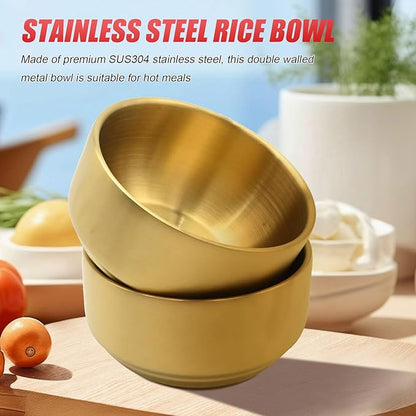 Stainless Steel Rice Bowl with Lid, Set of 2, for Korean Kitchen Restaurant, Double-walled Metal Bowls, Multi-Purpose Insulated Soup Bowls Snacks Bowls (11.5cm Gold)