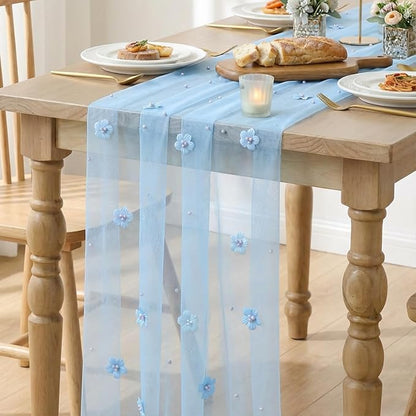 Artoid Mode Blue Flower Pearl Blue Gauze Table Runner 10FT, Seasonal Sheer - Image 6