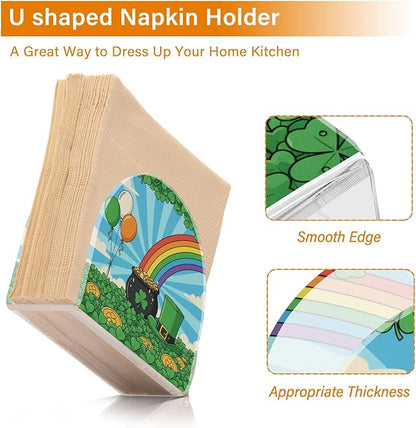 St Patrick's Day Shamrock Field Leprechaun Hat Coins Napkin Holder for Table Kitchen Decor Acrylic Paper Napkin Holders for Tissue Dining Room Indoor Outdoor Party Holiday Accessories