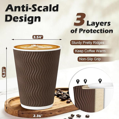 500 Pack 12 oz Coffee Cups, Disposable Corrugated Insulated Ripple Wall Paper Coffee Cups 12oz for Hot or Cold Drinks Office Home Cafe Party Travel (Brown)
