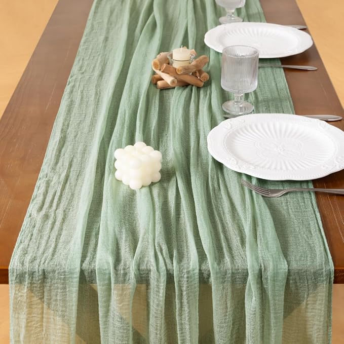 Cheesecloth Table Runner Summer Boho Wedding Shower Party Home Decor | Sage - Image 5