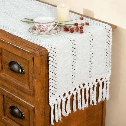 Boho Table Runner with Tassels White - Image 8