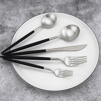 Gugrida 20-Piece 18/10 Stainless Steel Flatware Silverware, Luxury Dinnerware Set Travel Cutlery Tableware Include Knife Fork Spoon Service for 4, Dishwasher Safe (Black Handle Matte Silver)