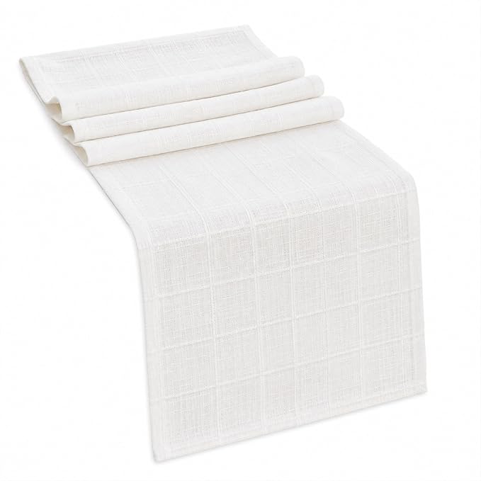 White Table Runner, Linen-Look Fabric, Subtle Check Pattern, Dining & Coffee by Raedan