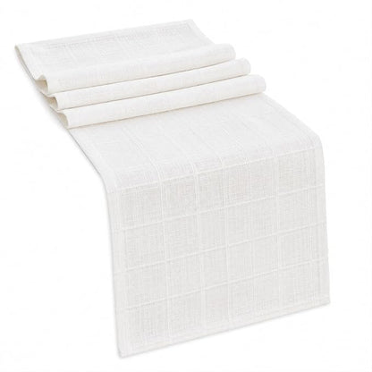 White Table Runner, Linen-Look Fabric, Subtle Check Pattern, Dining & Coffee by Raedan