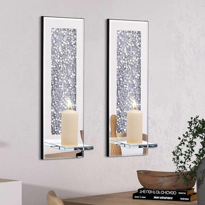 Pibeyer Crystal Crush Diamond Wall Candle holder set of 2, Rectangle Silver Mirrored Candle Sconces, Home Wall decoration for Living Room,Dining Room & Bedroom
