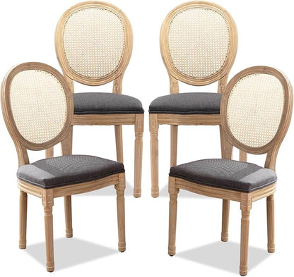 SoarFlash French Dining Chairs Set of 4, Vantage Dining Chair with Round Back, Farmhouse Country Rattan Dining Chair for Kitchen,Bedroom,Deep Grey
