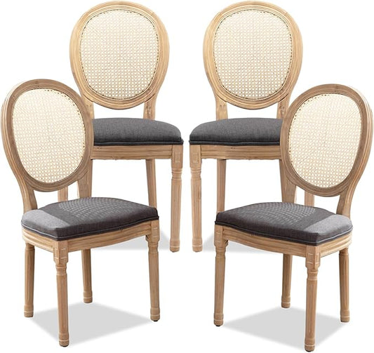 SoarFlash French Dining Chairs Set of 4, Vantage Dining Chair with Round Back, Farmhouse Country Rattan Dining Chair for Kitchen,Bedroom,Deep Grey