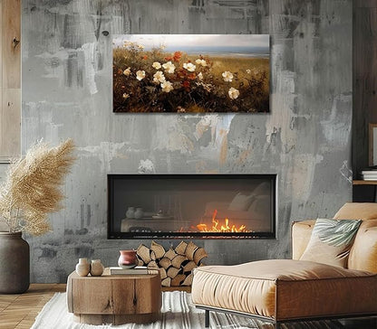 ADJUVANT Wall Art Vintage Coastal Wildflower Field 40"L x 20"W, Seaside Meadow With White And Orange Blooms Canvas Painting Nature Artwork Retro Floral Prints Botanic Wall Decor for Living Room Bedroom