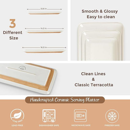 AmorArc Ceramic Serving Platter,Rectangular 16"/14.3"/12.6" inch Serving Dishes for Party Entertaining,Stoneware Serving Trays forTurkey,Salad,Microwave&Dishwasher Safe-Set of 3-Light Beige