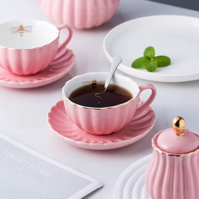 Jusalpha Porcelain Tea Set- 8 OZ Coffee/Teacup, Cup Holder, Serve of 6- - Image 2