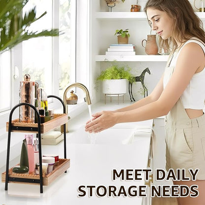 Wood 2 Tier Countertop Organiser, Bathroom Kitchen Counter Shelf Rack Caddy Tray, Small Wood Organization Shelves, Perfume Makeup Counter, Countertop Skincare Display Shelf for Sink Coffee Bar