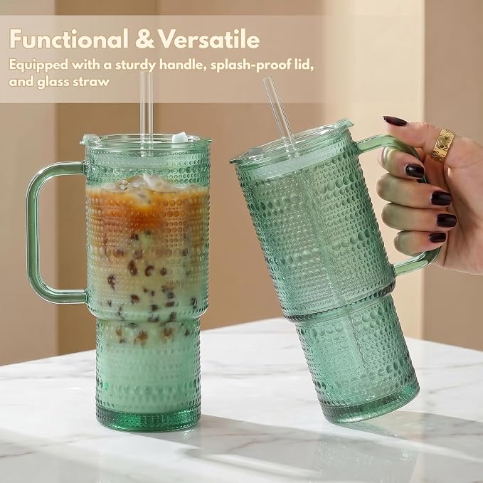 20 oz Green Glass Tumbler with Lid and Straw, Glass Iced Coffee Cups, - Image 3
