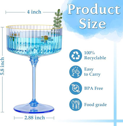 24 PCS Plastic Champagne Coupe Cup Ocean Blue Ribbed Coupe Glasses 10oz Detachable Gold Rim Espresso Martini Glass Vintage Margarita Glassware Cocktail Glass Set for Baby Shower Hanukkah