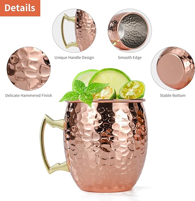 Amrules Moscow Mule Mugs Set of 4, 16 OZ Hammered Copper Cups - Image 4