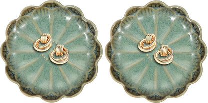 uxcell 2Pcs Ceramics Jewelry Plate, Sunflower Shape Key Holder Bowl for Entryway Table Decor Small Ring Tray Dish Gift for Women Girlfriend, Dark Green