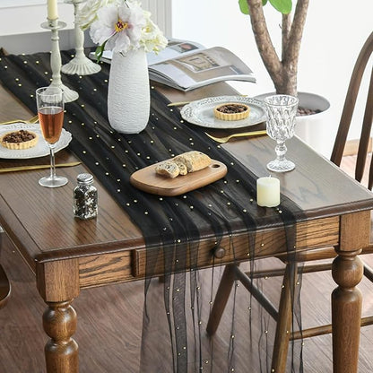 Artoid Mode Pearl Black Gauze Table Runner 120 Inch 10FT, Seasonal Sheer Dining Holiday Wedding Birthday Baby Shower Table Decor for Home Party