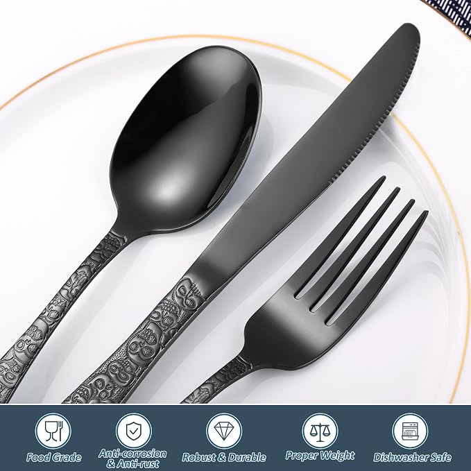Skull Embossed Silverware Set for 8, OIULO 40-Piece Black Flatware set - Image 3