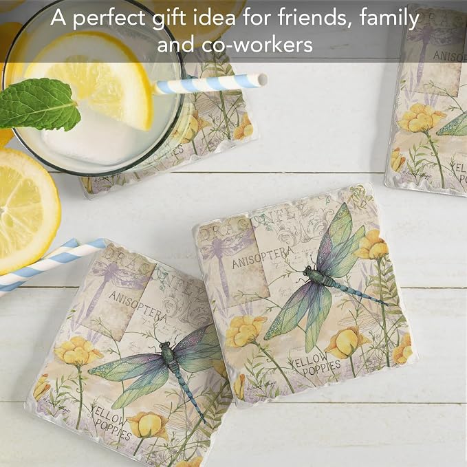 Thirstystone Dragonfly Poppies 4 Pack Tumbled Tile Stone Coasters | 4" Square - Image 7